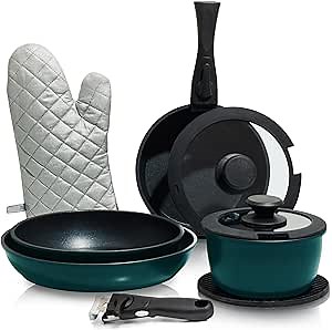 Moss & Stone Aluminum Pots And Pans Set Nonstick, Removable Handle Cookware, Stackable , Dishwasher Safe, Induction Camping Cookware Set. (10 Pieces Blue)
