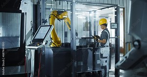 Asian Male Engineer Using Laptop Computer to Control a Robotic Arm at a Metal Components Production Factory. Young Man Working on Manufacturing of Innovative Parts for Artificial Intelligence Systems