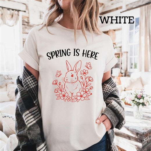 Comfort Colors® Spring is Here Shirt, Cute Bunny Rabbit Tee, Cottagecore Easter Gift, Floral Nature Lover Top, Gardening Mom, Red Line Art - Etsy