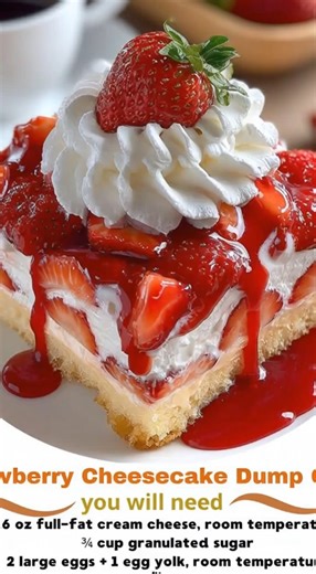 Strawberry Cheesecake Dump Cake Ingredients 2 cans (21 oz / 595 g each) strawberry pie filling 8 oz (225 g) cream cheese, softened and cubed 1 box vanilla or white cake mix ½ cup (115 g) unsalted butter, melted 1 tsp vanilla extract (optional) Instructions Prep Preheat oven to 350°F (175°C) Grease a 9×13-inch baking dish Layer Spread strawberry pie filling evenly in the dish Scatter cream cheese cubes over the filling Sprinkle dry cake mix evenly on top (do not mix) Butter Drizzle melted butter 
