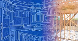 4K Wood Custom Kitchen Blueprint Drawing Transitioning to Construction Framing to Completed Build.
