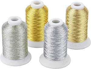 Simthread 4 Spools (2 Gold+ 2 Silver Colors) Metallic Embroidery Machine Thread 500M(550Y) for Embroidery and Decorative Sewing