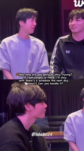 tatabts024 on Instagram: "20251219 | JIN, TAEHYUNG, JUNGKOOK WEVERSE LIVE 🌟 #thv #jin #jk #bts #tatabts024 🐻How long are you going to stay, hyung? 🐺If Taehyungssi is there, I’ll stay until there’s a schedule the next day. 🐇wow!!! Can you handle it? 🐻Can you handle it?? 🐺If it’s just Taehyungssi and Jungkookssi! 🐻I was planning to sleep next to Jungkook! 🐺I was going to squeeze in between them and sleep! 🐇That changes the sto