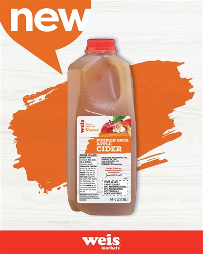 We spiced up our ciders this fall. 🍎🍂 Try the NEWEST lineup of our Weis Fresh From The Orchard Apple Ciders! Cheers to Pumpkin Spice, Salted Caramel, and Honeycrisp ciders! Find them in the produce section today! | Weis Markets