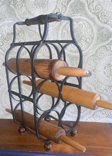 Vintage Metal Wine Rack Repurposed Rolling Pin Holder Farmhouse Kitchen Storage Black Iron Wood Handle Rustic Organizer Countertop Display - Etsy
