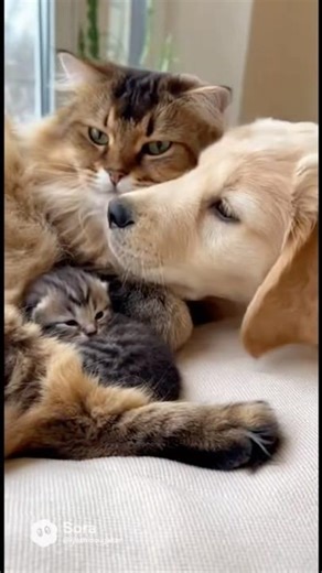 Adorable Friendship 🥰 Cat Family & Puppy 💕（仲良しな猫の親子と子犬）
