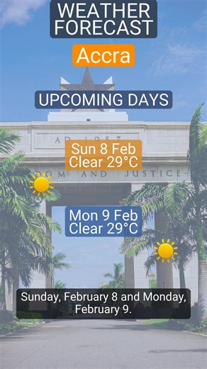 ☀️ Detailed forecast for Accra on 7 February 2026: Sunny, 29°C and wind reaching 19 km/h. #Weatheravenue, #Accra, #Ghana, #Accraweather, #Sunny, #Sun, #Rain, #Cloudy, #Storm | Weather Avenue