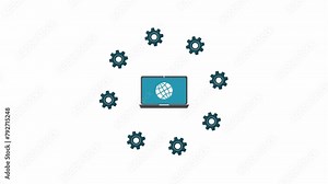 laptop setup with rotating earth animation