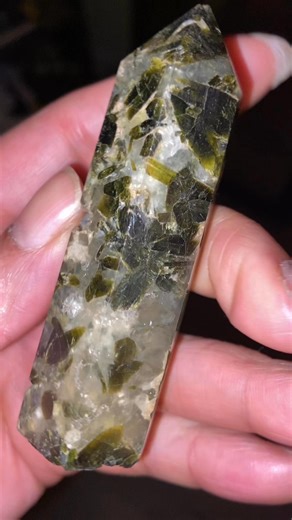 #Prehnite with #Epidote inclusions. The Prehnite is the pale green portions of the tower. The dark green leaf life / needle parts are epidote. She’s such a beautiful lil monster. When I bought her years ago, I named her the “Green Goblin”. All the good good feels & the enchantment of mystery 🌿✨ **item not for sell** | Spoken Word Artist ALieN