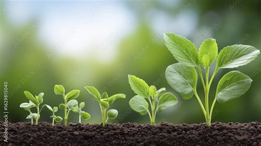 Growth Process: A verdant visual tale unfolds, portraying a young plant's metamorphosis as it blossoms from seed to full bloom in a flourishing soil environment, symbolizing life cycles.