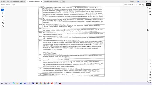 "I was not trained properly. No manual was provided," said one MSP officer on an anonymous internal review survey. Here's what others said: 💬 "The director and chief deputy director are f****** morons and criminals" 💬 "The lack of ethical standards of the top management of this department is obvious." 💬 "Yeah right! You can say this is an anonymous survey all you want but we know it is not." 💬 "Communications in this agency have suffered over the past few years." 💬 "It's a waste of time to 
