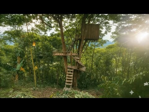 Building an Incredible Multi-Story Treehouse Using Only Bamboo & Hand Tools in the Jungle
