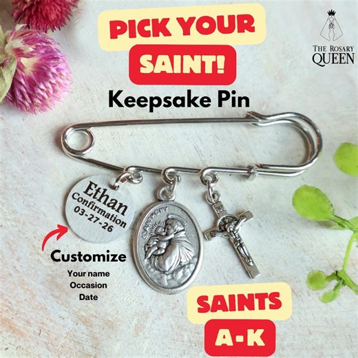 Keepsake Saint Pin Engraved Personalized Name & Date, Choose Saints A-K Medals, Crucifix Gift for Confirmation, Baptism, Communion, Wedding - Etsy