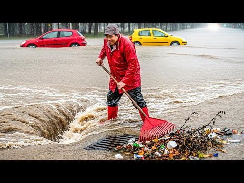 Draining Flood With Big Storming Drain While Heavy Raining