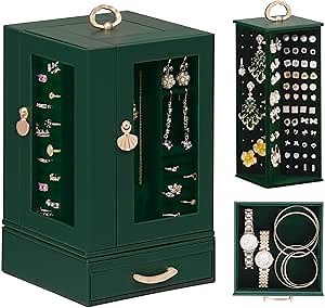 Jewelry Box large for Dresser: Women Necklace Ring Storage Organizer with Compartments - Elegant Earring Holder Display (Dark Green)