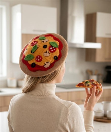Hand Felted Pizza Beret – Wool Margarita Slice Hat, Foodie Accessory