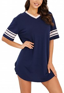 Nightgowns for Women, PUTUO Womens Nightgown, Loose Casual Short Sleeve V Neck Sleepwear Color Block Sleep Shirt