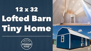 -12x32 Lofted Barn Tiny Home -Interior studded walls to create 2 Bedrooms, 2 lofts, and 1 bathroom -Premium Package includes finished interior with insulation, electric package, 220 AMP service panel, LED can lights, Amana PTAC heating and air conditioning unit -Exterior is sprayed with Naval Blue Sherwin-Williams paint with white trim, and white metal roof -Fiberglass 9 lite door -3 2x3 insulated vinyl windows -1 transom window All EZ Portable Buildings feature “Best In Class” construction feat