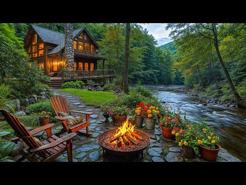 Life in a Cozy Cabin by the River in Spring Forest with Crackling Fire. Nature Sounds for Relaxing