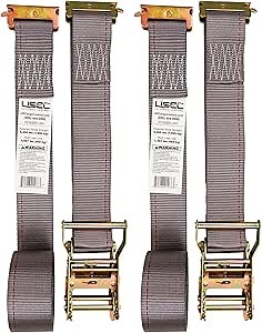 US Cargo Control E-Track Ratchet Straps (2-Pack), 4,400 LBS Break Strength, 2 Inch x 16 Foot Heavy Duty Gray E-Track Straps with 4 Foot Fixed End and Spring E-Fittings, Logistic Tiedowns