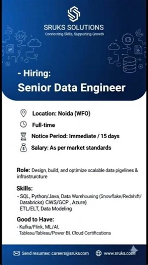 SRUKS SOLUTIONS – Connecting Skills, Supporting Growth🚀 Hiring: Senior Data Engineer #jobsearch
