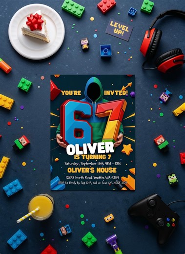 Six Seven Birthday Invitation Template, 7th Birthday Invitation Template, Gamer Invitation, Editable Birthday Party Invite - Etsy