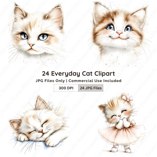 24 Cat Clipart Bundle JPG Kitten Faces and Characters for Stickers Planners - Etsy