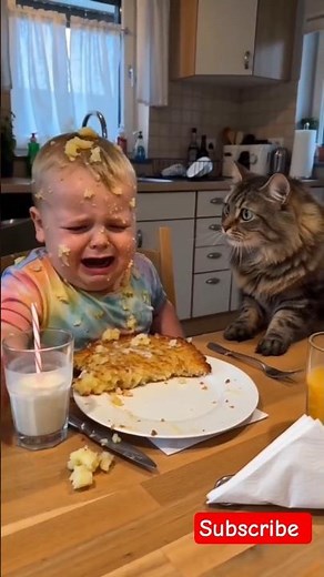 Angry Cat Throws Baby's Food! 🍚😭Baby Cries After Angry Cat Ruins His Meal!😭#ai#cat#cutebabies #shots
