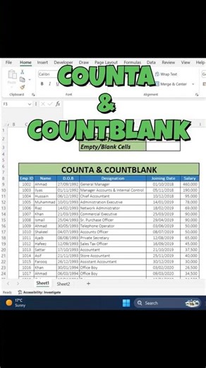 COUNTA & COUNTBLANK Function in excel | #excel #shorts
