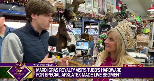 Mardi Gras royalty visits Tubbs Hardware for special ArkLaTex Made segment