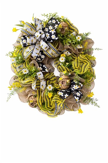 Burlap Bee Wreath – Spring Daisy Ribbon, Farmhouse Decor - Etsy