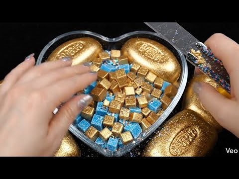 Satisfying Soap Cutting & Mixing sky blue & Golden Soap ASMR with Water | Relaxing Crunchy Sounds