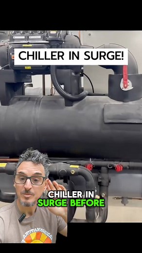 When a centrifugal chiller goes into surge, it experiences an unstable operating condition where the compressor’s flow rate drops below the minimum limit required for stable operation. #hvac #hvactechnician #hvactech #hvaclife | Tony Mormino