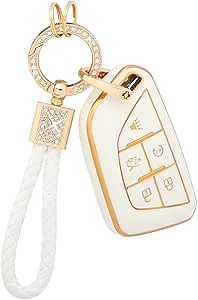 PIFOOG Key Fob Cover for Cadillac CT4 CT4-V CT5 5 Button Smart Keys Case Shell Protection Bling Car Key Chain Accessories Cute Girly Women Gifts Soft TPU White Gold