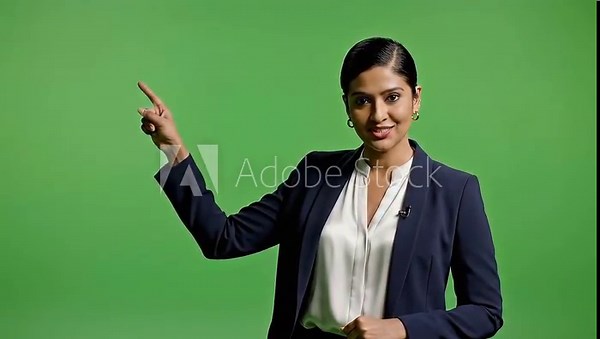 Woman pointing up green screen footage for presentation and product advertisement videos use for marketing