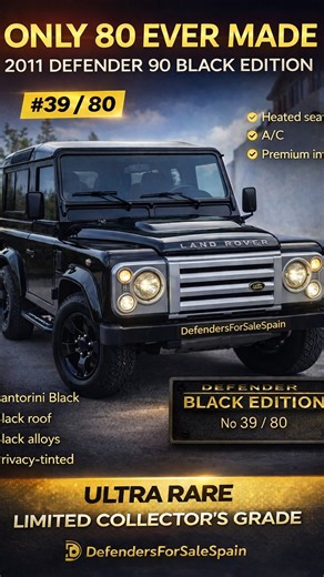 Defenders & Classic Land Rovers for sale and export in 🇪🇸 Spain on Instagram: "🖤 ONLY 80 EVER MADE One of the rarest modern Defenders ever built. 2011 Land Rover Defender 90 Black Edition 🔢 No. 39 / 80 worldwide 📉 63,676 km – collector mileage Factory Black Edition ✔️ Santorini Black ✔️ Black roof & alloys ✔️ Heated seats • A/C • Premium interior ✔️ A true modern classic with rising value 📈 Original. Unmodified. Investment grade. Would you keep it stock… or drive it daily? 👇🔥 ⸻ 🔥 Instag