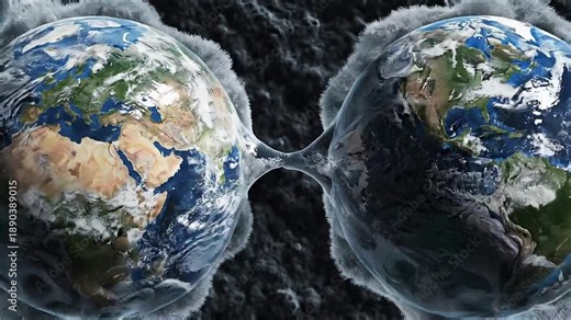Two Earths merging and connected by ice in a dark cosmic void