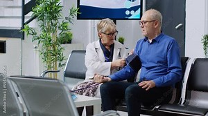 Cardiologist measuring man pulse pressure and hypertension using tonometer during checkup visit consultation in hospital waiting room. Senior patient doing cardiology examination and cardiac test. Stock Video