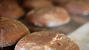 Food processing plant. Bread loaf on factory conveyor belt. Rye bread production line. Close up of bread on manufacturing line at food factory. Food manufacturing process. Bread plant. Bakery products