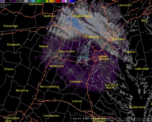 9:50 am Radar: Some weak returns are showing up on radar this morning. Scattered snow flurries are likely falling out of a thick cloud deck which extends across much of the region. These clouds likely linger through much of the day which will keep temperatures down. | US National Weather Service Baltimore/Washington