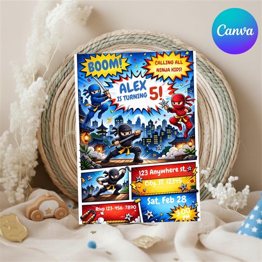 Comic Book Ninja Birthday Invitation, Martial Arts Party Invite, Ninja Kids Birthday Invite, Pop Art, Karate Party Invite (digital Download) - Etsy