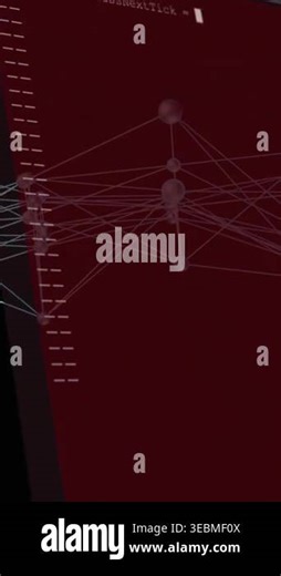 Vertical video: 3D node mesh shifting as red panel appearing behind, code scrolling, showing Buffer. Spheres, network, glow, neon, parallax, terminal, vertical video Stock Video Footage - Alamy