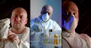 Collage of a scientist virologist in a medical mask and protective overalls. Work to study the properties of a new virus and create a vaccine during a pandemic