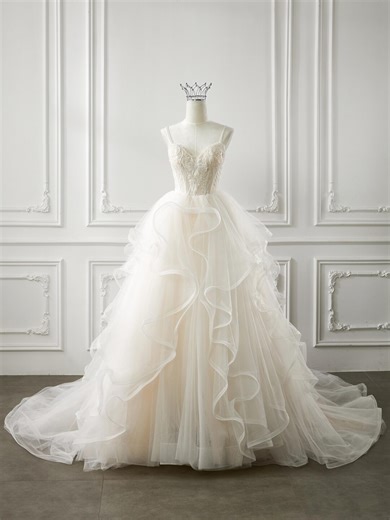 Ethereal A-line Wedding Dress With Lace Bodice Ruffled Tulle Skirt Dramatic Train Inspired Bridal Gown for the Romantic Bride - Etsy