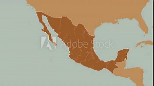 Michoacán, state of Mexico, with its capital, localized, outlined and zoomed with informative overlays on a solid patterned map in the Stereographic projection. Animation 3D