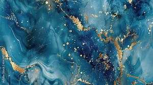 Abstract blue marble texture with gold splashes blue video footage background.
