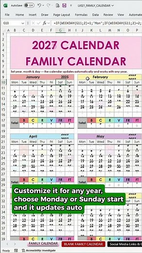 Reusable Family Calendar in Excel & Google Sheets | For Any Year #shorts #exceltips