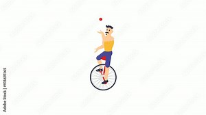 Big mustache man Juggling on unicycle animated video, Quantum juggling or ball cascade animation, circus artist is performing on stage Clip, Street Mime performer footage, Carnie troupe motion graphic
