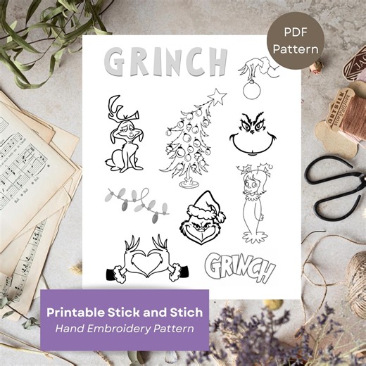 Grinch Embroidery Design, Christmas Embroidery Designs: Holiday Stick and Stitch Designs (PDF Download Pattern), DIY Embroidery Gift - Etsy
