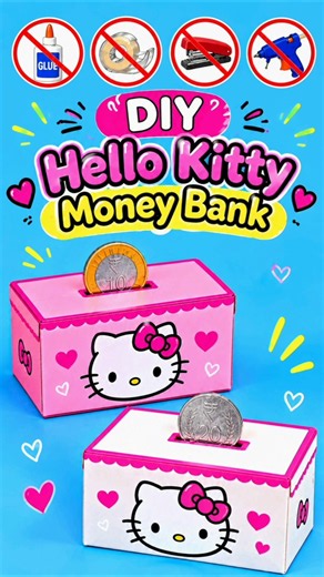 DIY Cute Hello Kitty Origami Coinbank🎀No Glue No Tape No Scissors Craft | Piggybank | School Project